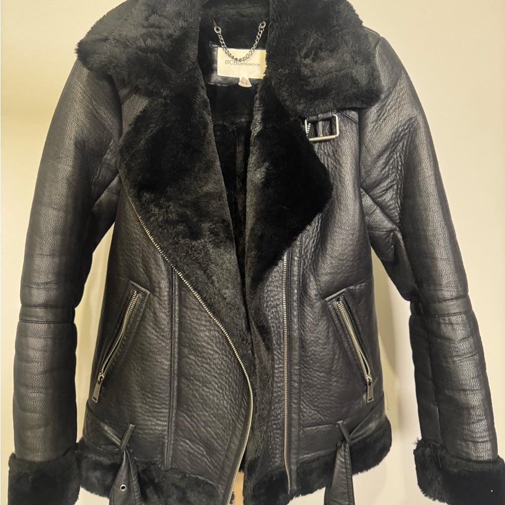 BCBGeneration Black Leather Jacket with Shearling